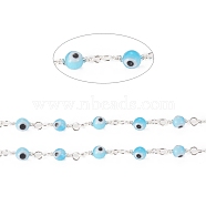 3.28 Feet Handmade Evil Eye Lampwork Round Beaded Chains, with Brass Findings, Unwelded, Long-Lasting Plated, Silver, Light Sky Blue, 12.5x2.8x4x1.5mm, Beads: 4mm(X-CHC-G009-A-S01)