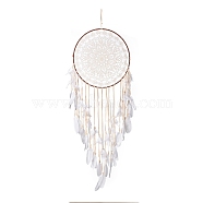 Handmade Round Cotton Woven Net/Web with Feather Wall Hanging Decoration, with Iron Rings, Flocking Cloth & Wooden Beads, for Home Offices Amulet Ornament, Flower Pattern, 1310mm(HJEW-G015-02A)
