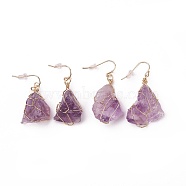 Natural Amethyst Dangle Earrings, with Brass Findings and Plastic Ear Nuts, Nuggets, Golden, 22~50x10~23mm, Pin: 0.7mm(EJEW-F228-A05)