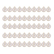 Golden Plated Alloy Charms, with Enamel, Enamelled Sequins, Flat Round, White, Letter.F, 14x12x2mm, Hole: 1.5mm, 50pcs/Box(ENAM-SZ0001-25A-F)