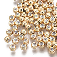 Brass Beads, with Rubber Inside, Slider Beads, Stopper Beads, Nickel Free, Round, Real 18K Gold Plated, 3x2.5mm, Hole: 1.5mm, Rubber Hole: 0.5mm(KK-T063-004A-NF)
