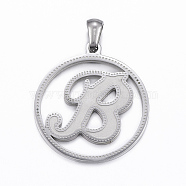 304 Stainless Steel Pendants, Flat Round with Letter.B, Stainless Steel Color, 28x25x1.2mm, Hole: 6x3mm(STAS-K162-044P)