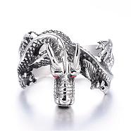 316 Surgical Stainless Steel Rings, with Rhinestone, Dragon, Antique Silver, 17~22mm(RJEW-F054-02AS)