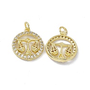 Real 18K Gold Plated Brass Micro Pave Clear Cubic Zirconia Pendants, with Jump Ring, Ring with Constellation Charm, Libra, 18.5x16x3mm, Hole: 3.4mm(KK-E068-VB409-7)