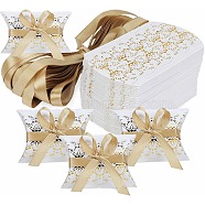 Paper Pillow Candy Boxes, Gift Boxes, with Ribbon, for Wedding Favors Baby Shower Birthday Party Supplies, Gold, Box: 9x6.5x2.5cm, 50pcs/set(CON-PW0001-110A)