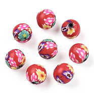 Handmade Polymer Clay Beads, Round with Flower Pattern, FireBrick, 10mm, Hole: 1.5~2mm(CLAY-T020-39E)
