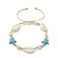 Synthetic Turquoise(Dyed) Starfish & Natural Shell & Glass Pearl Braided Bead Bracelet, Adjustable Ocean Theme Bracelet for Women, White, Inner Diameter: 2-1/8~3-3/8 inch(5.5~8.5cm)(BJEW-TA00218)
