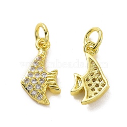 Brass Micro Pave Clear Cubic Zirconia Charms, with Jump Ring, Fish, Real 18K Gold Plated, 13.5x7x2.5mm, Hole: 3.2mm(KK-E068-VF061)