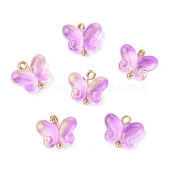 Alloy Glass Pendants, Butterfly Charms, Golden, Violet, 12x14.5x5mm, Hole: 2mm(GLAA-P080-01G-01)