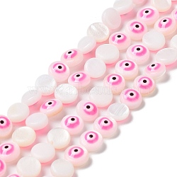 Natural Freshwater Shell Enamel Beads Strands, Flat Round with Evil Eye, Hot Pink, 6x3mm, Hole: 0.5mm, about 62~65pcs/strand, 14.37''~14.96''(36.5~38cm)(BSHE-P033-04A)