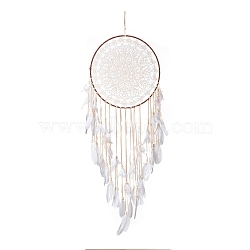 Handmade Round Cotton Woven Net/Web with Feather Wall Hanging Decoration, with Iron Rings, Flocking Cloth & Wooden Beads, for Home Offices Amulet Ornament, Flower Pattern, 1310mm(HJEW-G015-02A)