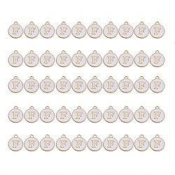 Golden Plated Alloy Charms, with Enamel, Enamelled Sequins, Flat Round, White, Letter.F, 14x12x2mm, Hole: 1.5mm, 50pcs/Box(ENAM-SZ0001-25A-F)