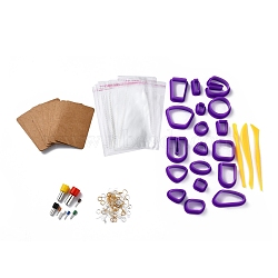 DIY Earring Making Finding Kit, Including Plastic Nuts, Iron Earring Hooks & Jump Rings, Circle & Fan & Triangle & Oval Stainless Steel & Polymer Clay Earring Cutters, Plastic Clay Sculpting Tools, Plastic Bags, Purple, 129Pcs/set(DIY-I097-03)