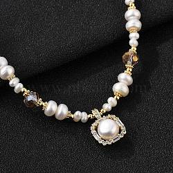 Pearl Pendant Necklaces, with Brass Micro Pave Cubic Zirconia Pendants and Glass Beads, Square, Real 14K Gold Plated, 16.34 inch(41.5cm)(NJEW-P325-02G)