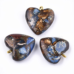Assembled Bronzite and Imperial Jasper Pendants, with Iron Findings, Heart, Golden, 20~22x19~20x5~7mm, Hole: 2mm(X-G-T111-04G)