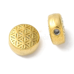 304 Stainless Steel Beads, Flat Round with Flower, Golden, 6.5x3.5mm, Hole: 1mm(STAS-I305-150G)