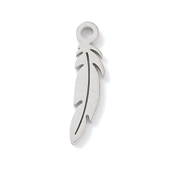 Non-Tarnish 304 Stainless Steel Charms, Laser Cut, Stainless Steel Color, Feather, 12.5x3x1mm, Hole: 1mm