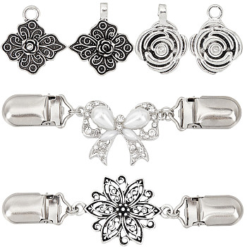 4Pcs 4 Style Vintage Alloy Rose Flower & Bowknot Sweater Shawl Clips Brooches Set, Cardigan Collar Clasps Badge for Women, Antique Silver, 56~120x10~28x10~16mm, 1Pc/style