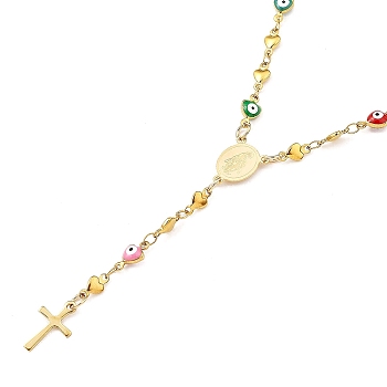 Unisex 304 Stainless Steel Rosary Bead Necklaces, with Heart Enamel, Cross, Oval with Virgin Mary, Golden, 17.32 inch(44cm), Heart: 8.5x4x1.5mm and 10x5x3mm