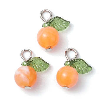 Acrylic Pendants, with Iron Flat Head Pins, Fruit Charms, Orange, 15x11.5x7.5mm, Hole: 2mm