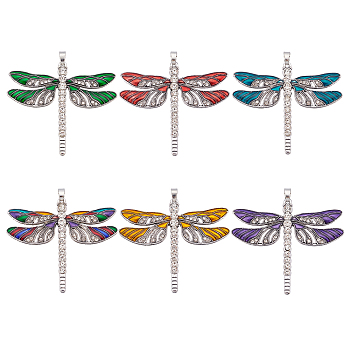 6Pcs 6 Colors Alloy Big Pendants, with Enamel and Rhinestone, Dragonfly, Mixed Color, 56.5x64.5x4.5mm, Hole: 4.5x6mm, 1pc/color
