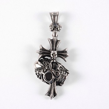 316 Surgical Stainless Steel Big Gothic Pendants, Cross with Skull, Antique Silver, 52x24x8mm, Hole: 9x5mm