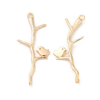 Brass Pendants, Branch with Bird Charm, Real 18K Gold Plated, 35.5x15x2mm, Hole: 1.2mm