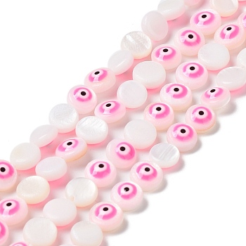 Natural Freshwater Shell Enamel Beads Strands, Flat Round with Evil Eye, Hot Pink, 6x3mm, Hole: 0.5mm, about 62~65pcs/strand, 14.37''~14.96''(36.5~38cm)
