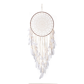 Handmade Round Cotton Woven Net/Web with Feather Wall Hanging Decoration, with Iron Rings, Flocking Cloth & Wooden Beads, for Home Offices Amulet Ornament, Flower Pattern, 1310mm
