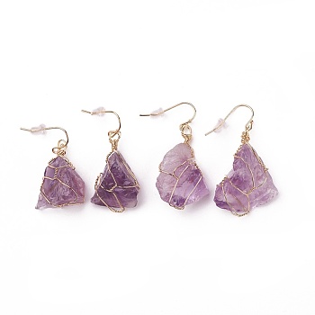 Natural Amethyst Dangle Earrings, with Brass Findings and Plastic Ear Nuts, Nuggets, Golden, 22~50x10~23mm, Pin: 0.7mm