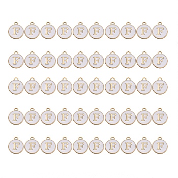 Golden Plated Alloy Charms, with Enamel, Enamelled Sequins, Flat Round, White, Letter.F, 14x12x2mm, Hole: 1.5mm, 50pcs/Box