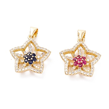 Brass Micro Pave Cubic Zirconia Pendants, Long-Lasting Plated, Real 18K Gold Plated, Flower, Mixed Color, 19x17.5x4mm, Hole: 4.4x3.2mm