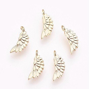 Brass Charms, Nickel Free, Wing, Real 18K Gold Plated, 10x4x1mm, Hole: 0.5mm