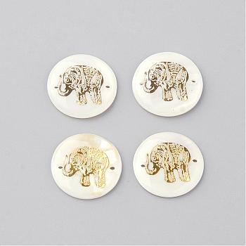 Freshwater Shell Links connectors, Flat Round with Elephant, Golden, 20x3mm, Hole: 1mm
