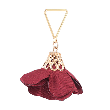 Handmade Cloth Pendants, with Golden Plated Alloy Findings and Triangle Brass Findings, Flower, Dark Red, 44mm, Hole: 12x14mm