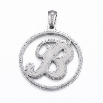 304 Stainless Steel Pendants, Flat Round with Letter.B, Stainless Steel Color, 28x25x1.2mm, Hole: 6x3mm