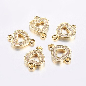 Long-Lasting Plated Brass Micro Pave Cubic Zirconia Links, Clear, Hollow Heart, Real 18K Gold Plated, 14.5x10.5x2mm, Hole: 1.5mm