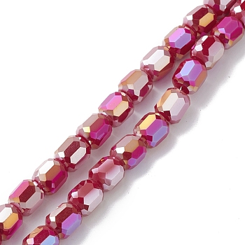 Electroplate Glass Beads Strands, AB Color Plated, Faceted, Barrel, Crimson, 8~8.5x8mm, Hole: 1.5mm, about 80pcs/strand, 26.30''(66.8cm)