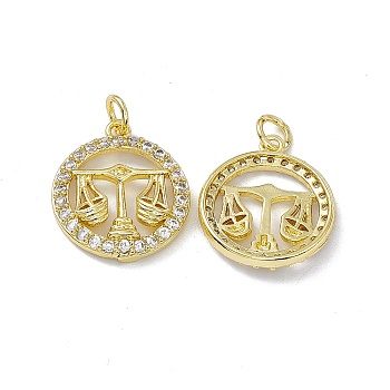 Real 18K Gold Plated Brass Micro Pave Clear Cubic Zirconia Pendants, with Jump Ring, Ring with Constellation Charm, Libra, 18.5x16x3mm, Hole: 3.4mm