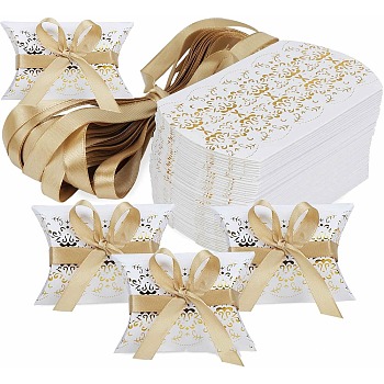 Paper Pillow Candy Boxes, Gift Boxes, with Ribbon, for Wedding Favors Baby Shower Birthday Party Supplies, Gold, Box: 9x6.5x2.5cm, 50pcs/set