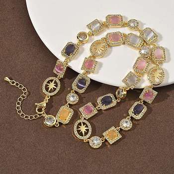 Brass Micro Pave Clear Cubic Zirconia with Multicolor Cat Eye Rectangle Square Oval Tennis Necklaces, Rack Plating, Long-Lasting Plated, Cadmium Free & Lead Free, Real 18K Gold Plated, 16.73 inch(42.5cm)