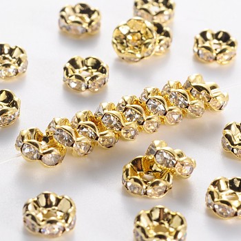 Middle East Rhinestone Spacer Beads, Clear, Brass, Golden Metal Color, Nickel Free, Size: about 8mm in diameter, 3.8mm thick, hole: 1.5mm