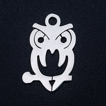 201 Stainless Steel Pendants, Stamping Blank Charms, Owl, Stainless Steel Color, 15x14x1mm, Hole: 1.5mm