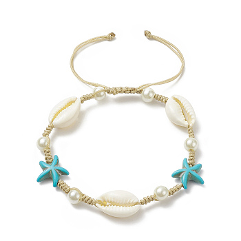 Synthetic Turquoise(Dyed) Starfish & Natural Shell & Glass Pearl Braided Bead Bracelet, Adjustable Ocean Theme Bracelet for Women, White, Inner Diameter: 2-1/8~3-3/8 inch(5.5~8.5cm)