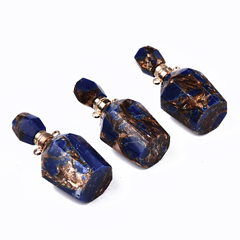 Assembled Synthetic Bronzite and Lapis Lazuli Openable Perfume Bottle Pendants, with Light Gold Brass Findings, Dyed, Capacity: 1ml(0.03 fl. oz), 41~42x17~18x17~18mm, Hole: 1.8mm