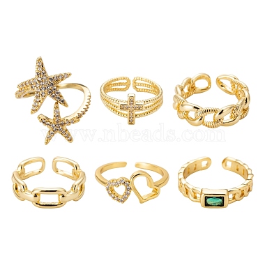 6Pcs 6 Styles Adjustable Brass Micro Pave Clear Cubic Zirconia Cuff Rings(RJEW-LS0001-19G)-2