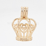 Brass Locket Pendants, Cage Pendants, Cadmium Free & Nickel Free & Lead Free, Hollow, Crown, Light Gold, 18x13.5x12mm, Hole: 4.5x3mm, Inner measure: 9x11mm(X-KK-Q748-075KC)