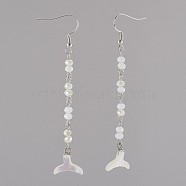 Glass Dangle Earrings, with Sea Shell and Brass Earring Hooks, Fishtail Shape, WhiteSmoke, 80~82mm, Pin: 0.7mm(EJEW-JE02870-02)
