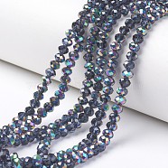 Electroplate Transparent Glass Beads Strands, Half Multi-color Plated, Faceted, Rondelle, Marine Blue, 6x5mm, Hole: 1mm, about 85~88pcs/strand, 16.1~16.5 inch(41~42cm)(EGLA-A034-T6mm-Q11)