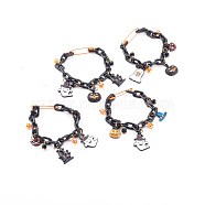 Halloween Theme Alloy Enamel Charm Bracelets, with Iron Safety Pins, Glass Beads and ABS Plastic Cable Chains, Mixed Shapes, Mixed Color, 7-1/2 inch(19cm)(BJEW-JB05978)